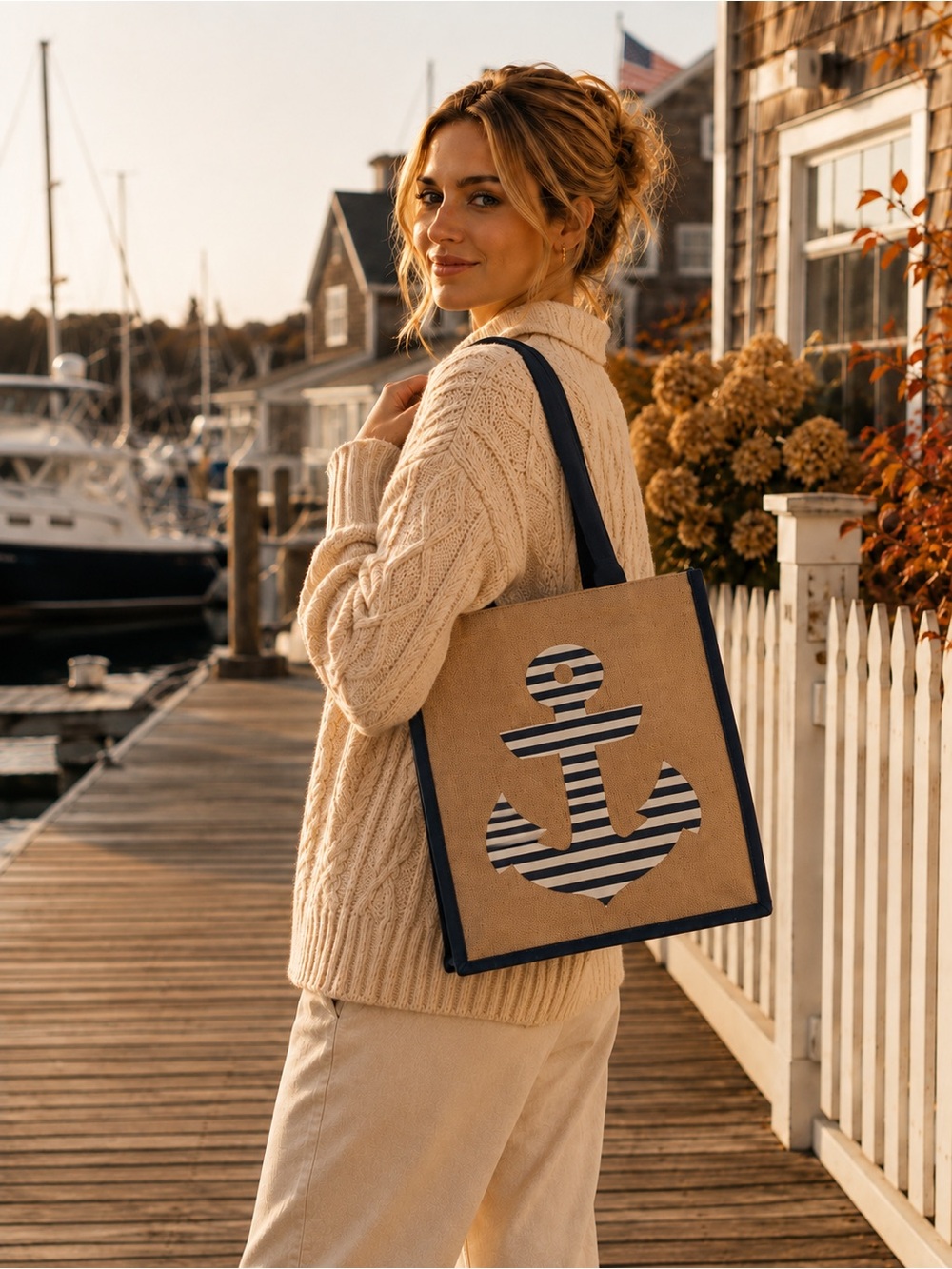 Anchor Burlap Tote Bag | Nautical Beach Market Shopping